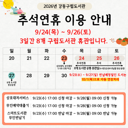 2026년 강동구립도서관 추석 연휴 이용안내입니다.
9월 24일(목)~9월 26일(토) 3일간 8개 구립도서관 휴관입니다.
이용에 참고 부탁드립니다.
