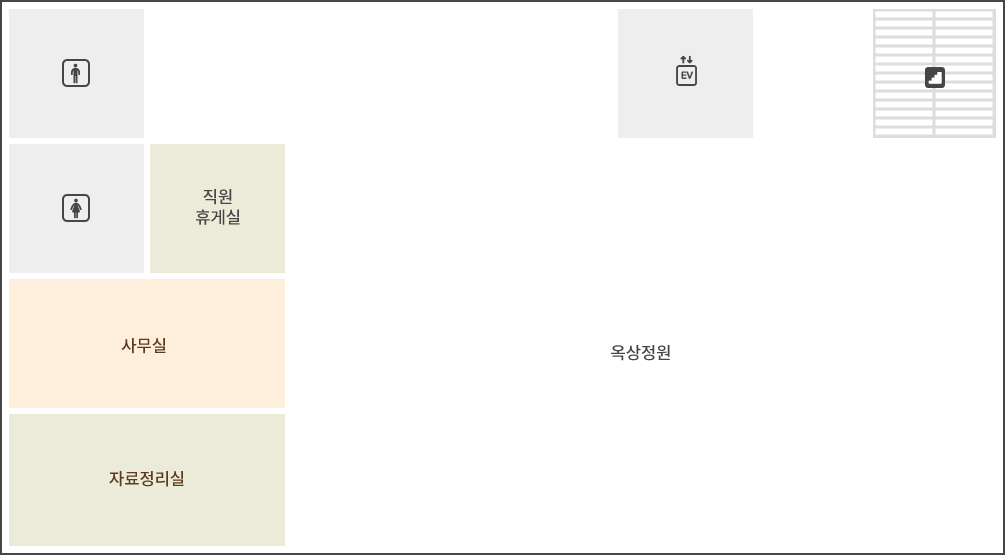 본관 4층은 남자화장실, 여자화장실, 직원휴게실, 사무실, 자료정리실, 옥상정원이 있습니다.