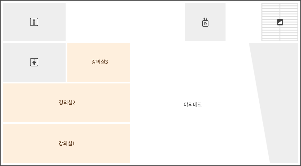 본관 지하1층은 남자화장실, 여자화장실, 강의실1, 강의실2, 강의실3, 야외데크가 있습니다.